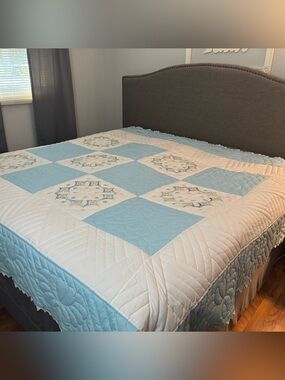 Handmade Patchwork Embroidered Cross Stich Quilt  Blue White 85x101 Block Floral
